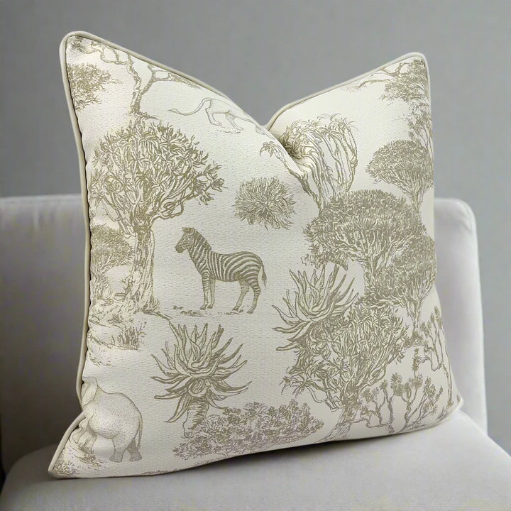 beige chinoiserie jungle print cushion cover