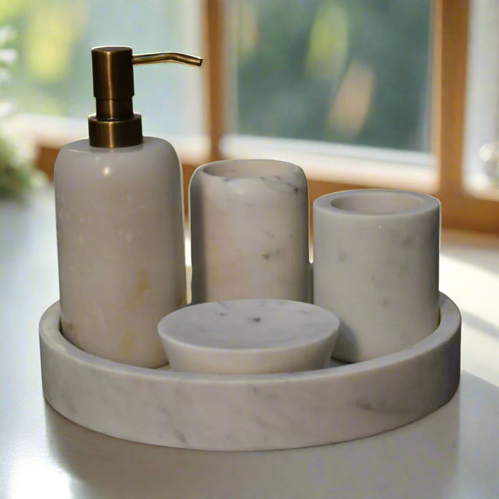 Set of 5 Solid White Marble Bathroom Set