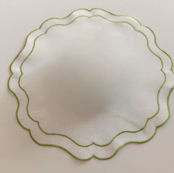 Set of 5 White Green Border Embroidered Placemats