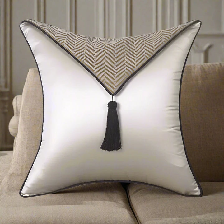 Luxury Taupe Geometric Satin Tassel Cushion