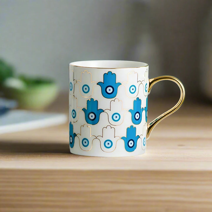 Set of 4 Modern Hand-Painted White and Blue Evil Eye Cups
