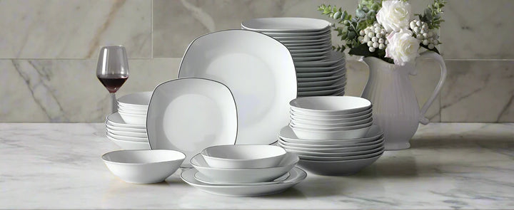 24-Piece Ceramic Porcelain White Square Dinner Set