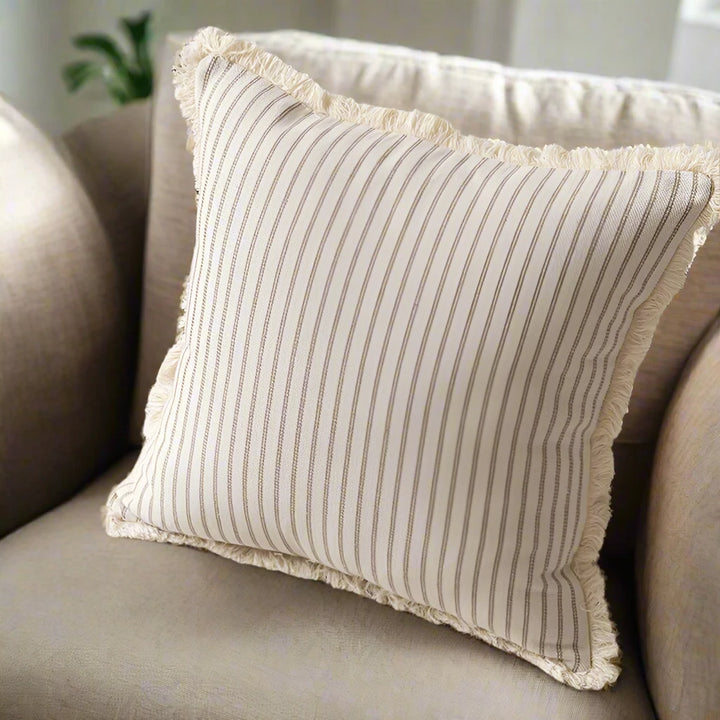 Striped Linen Style Fringe Border Cushion