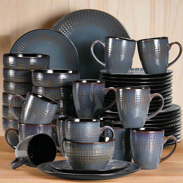 48-Piece Grey Blue Speckled Reactive Glaze Dinnerware Set