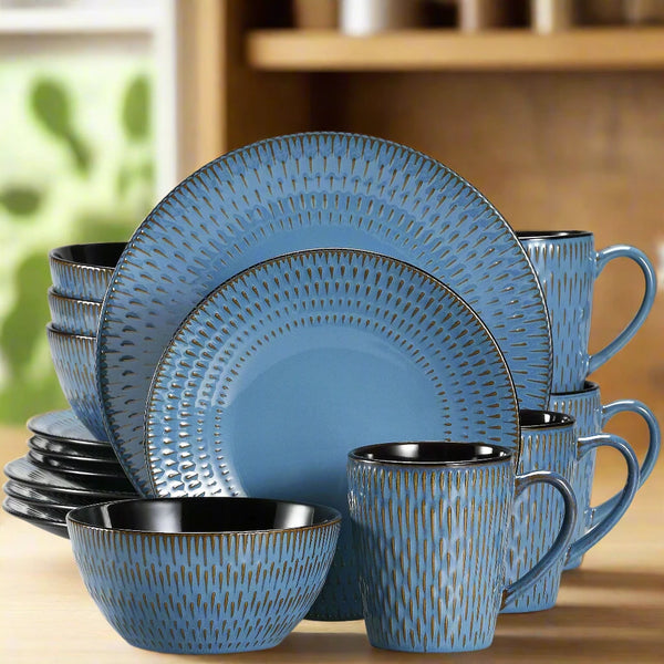 Modern Blue Pattered Reactive Glaze 16-Piece Dinner Set