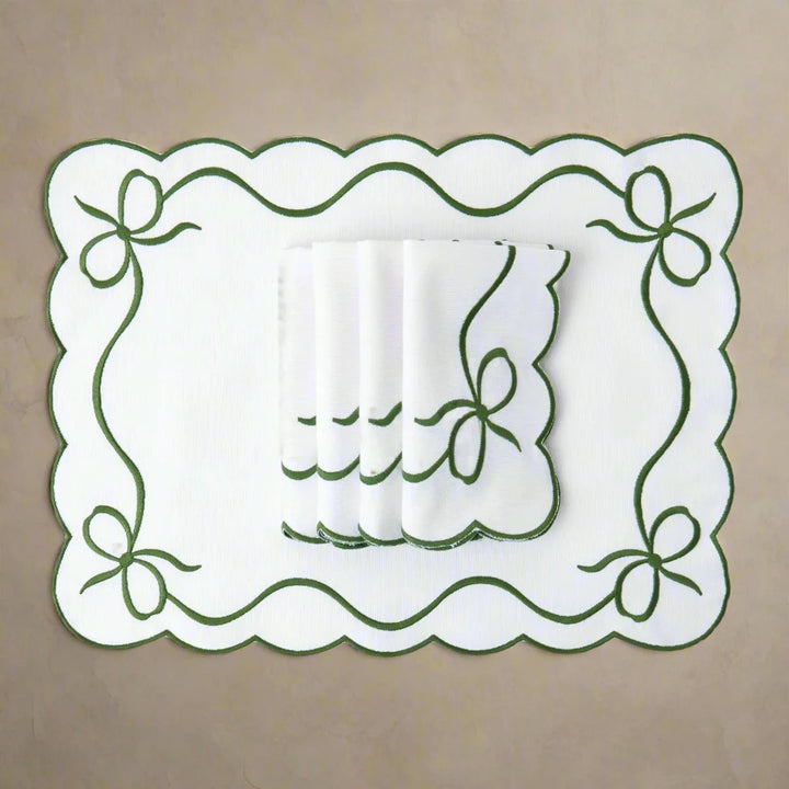 Set of 8 Green Ribbon Embroidered Placemats & Matching Napkins