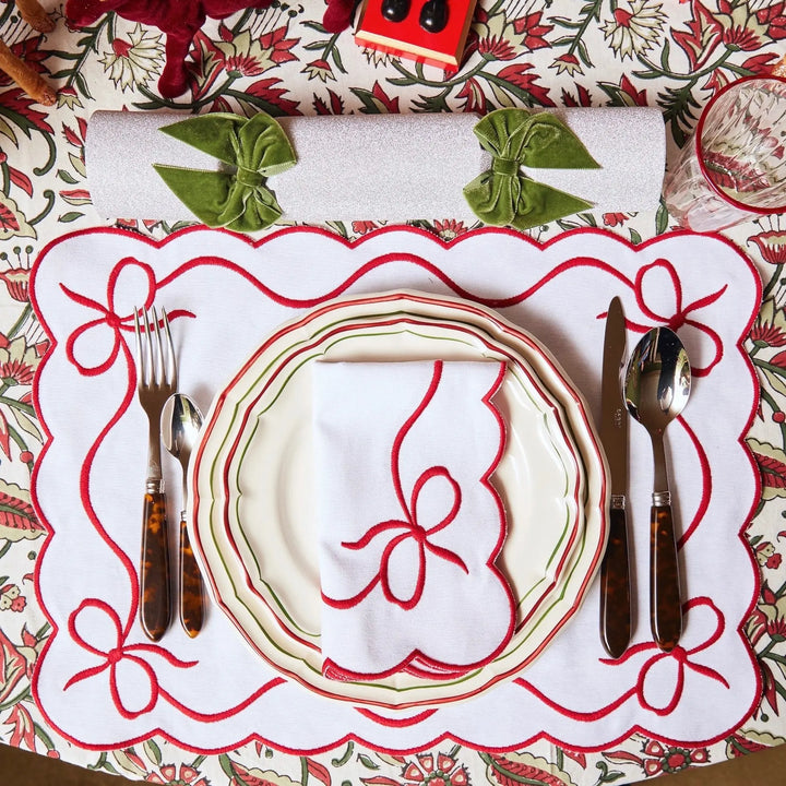 Set of 8 Hand Embroidered Red Ribbon Scallop Edge Placemats & Matching Napkins