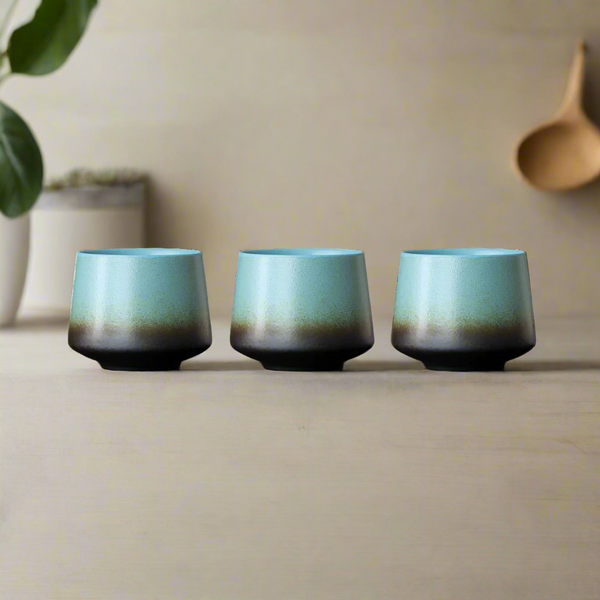 Set of 6 Kiln Blue Ceramic Aged Hand Painted Speckled Cups