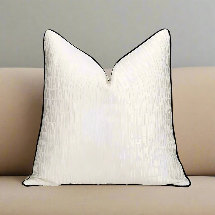 White Embossed Geometric Satin Black Contrast Pipe Cushion