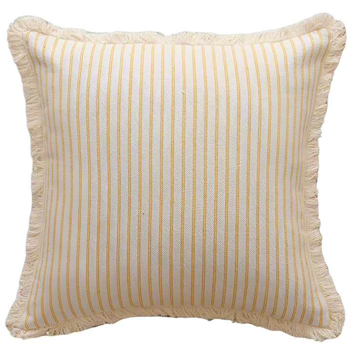 Yellow Striped Linen Style Fringe Border Cushion