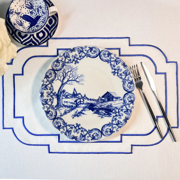 Set of 6 Blue Embroidered Stain-Resistant Placemats