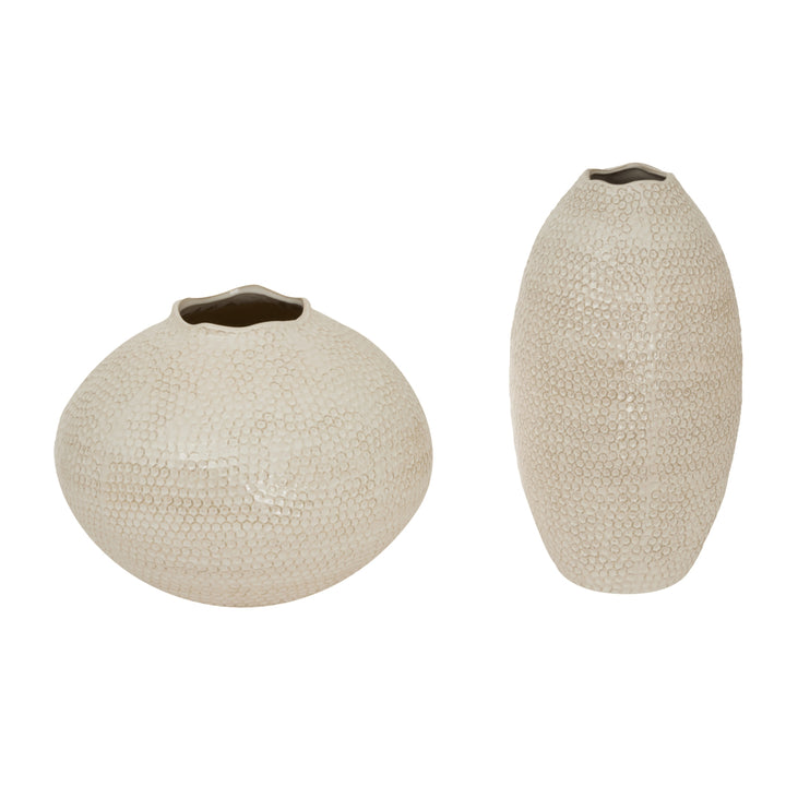 Tall Beige Dimpled Textured Stoneware Vase