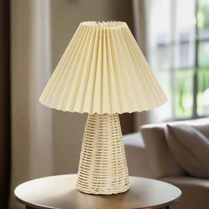 cream Pleated Shade Rattan Cordless Table Lamp