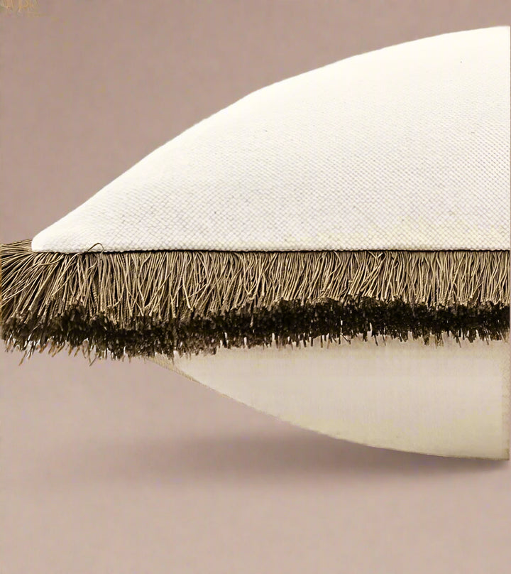 Ivory Woven Brown Fringe Border Cushion