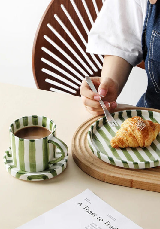 Hand-Painted Striped Stoneware Mug & Saucer Set