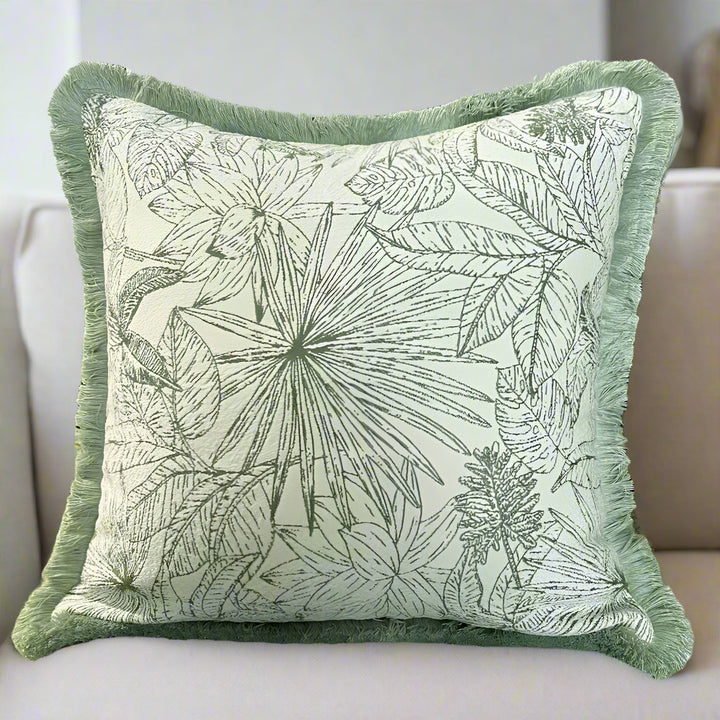 Mint Green Floral Fringe Border Cushion Cover