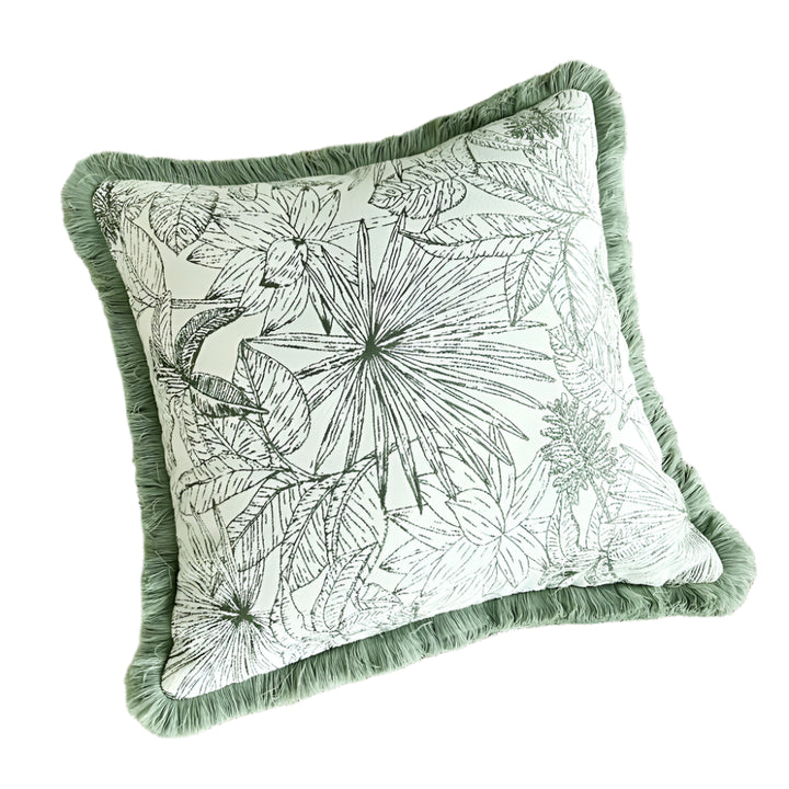Mint Green Floral Fringe Border Cushion Cover