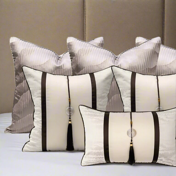 Luxury Brown Marbled Satin Tassel Bed Cushions Set of 6