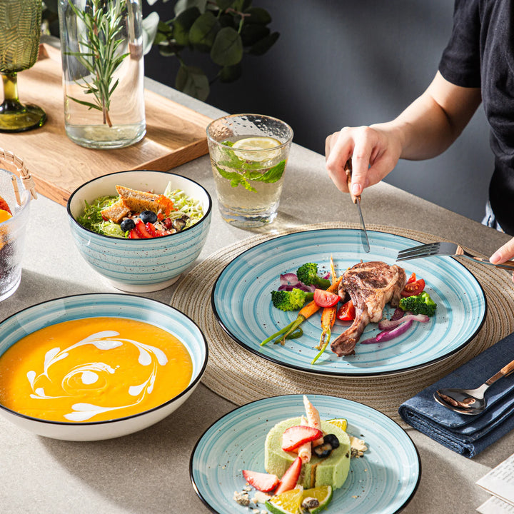 48-PC Blue Glazed Spiral Dinnerware Set