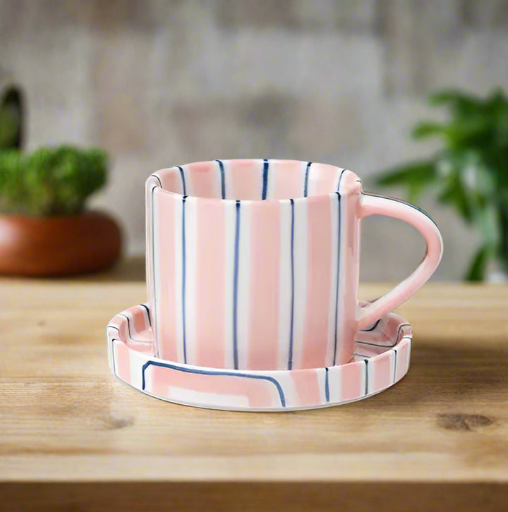 pink Hand-Painted Striped Stoneware Mug & Saucer Set