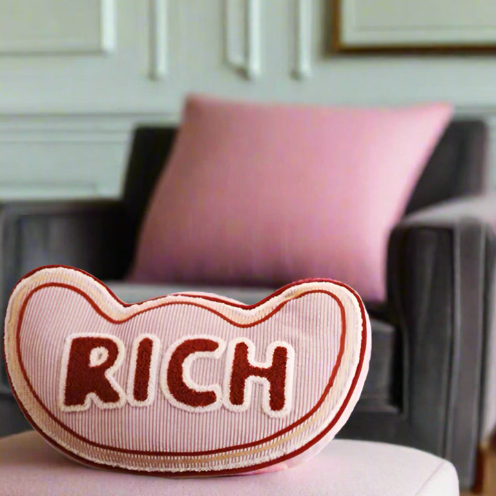 Red 'Rich' Embroidered Slogan Cushion