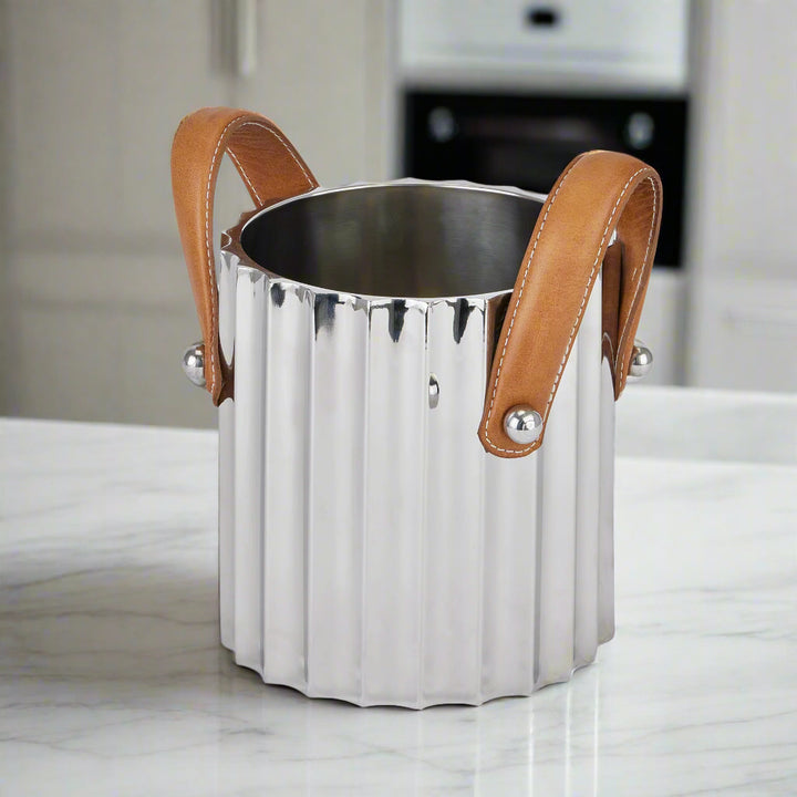 Leather Handled Silver Fluted Wine Cooler