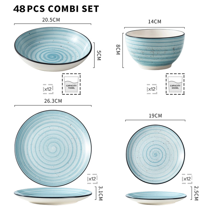 48-PC Blue Glazed Spiral Dinnerware Set
