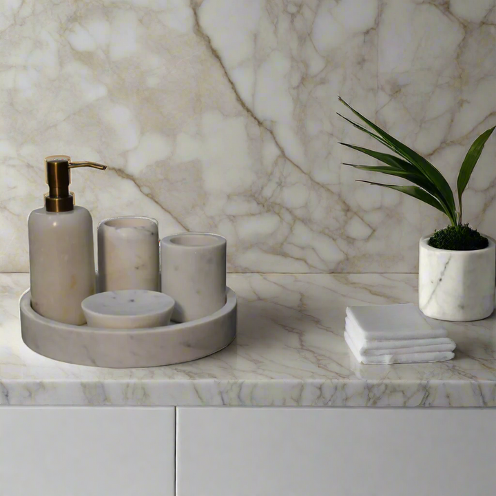 white marble 5 piece bathroom set with tray