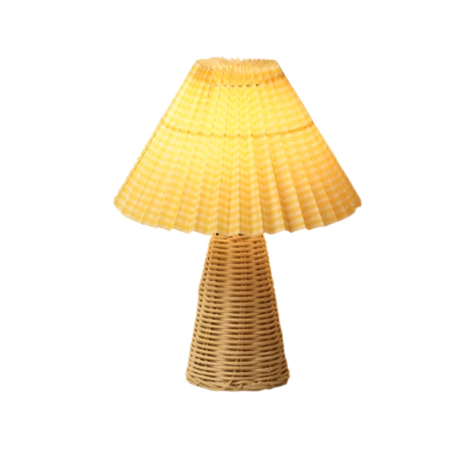 yellow check Pleated Shade Rattan Cordless Table Lamp